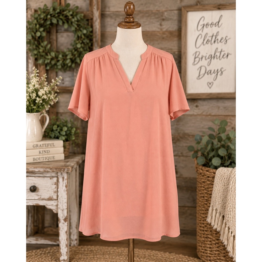 Entro Peach Pink V-Neck Short Sleeve Shift Dress Sz L Made in USA Style 3474